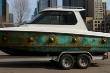 Load image into Gallery viewer, Steampunk Patina Boat Wrap – Vintage Copper &amp; Teal Marine Vinyl | Industrial Rivet Texture Wrap for Boats, Yachts, Fishing Vessels