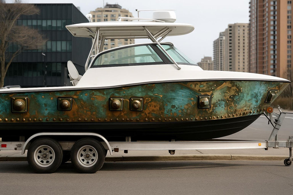 Steampunk Patina Boat Wrap – Vintage Copper & Teal Marine Vinyl | Industrial Rivet Texture Wrap for Boats, Yachts, Fishing Vessels