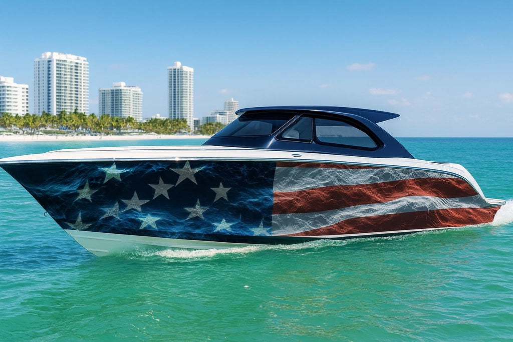 Freedom Waves Boat Wrap – American Flag Vinyl Wrap – Patriotic Red White Blue Marine Decal – Realistic Ocean Texture – Custom Glossy