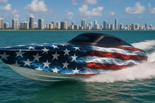 Load image into Gallery viewer, Freedom Waves Boat Wrap – American Flag Vinyl Wrap – Patriotic Red White Blue Marine Decal – Realistic Ocean Texture – Custom Glossy