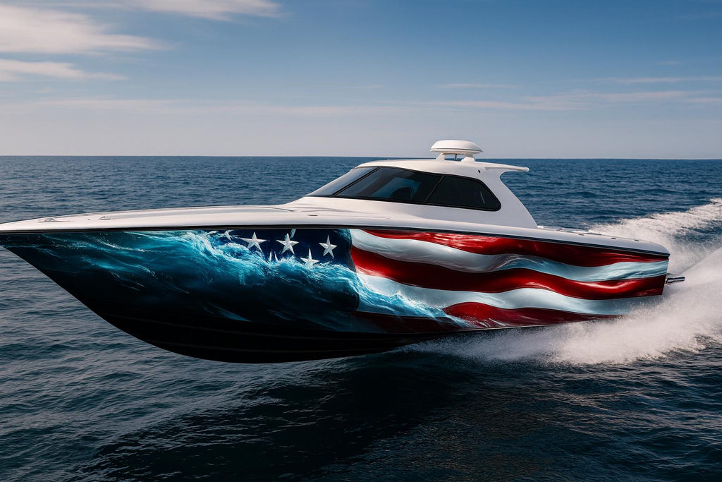 Ocean Glory Boat Wrap – American Flag Vinyl Wrap – Patriotic Marine Boat Decal – 3D Realistic Water Wave Flag Design – Custom Glossy Marine