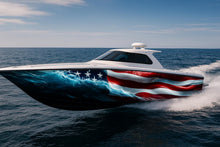 Load image into Gallery viewer, Ocean Glory Boat Wrap – American Flag Vinyl Wrap – Patriotic Marine Boat Decal – 3D Realistic Water Wave Flag Design – Custom Glossy Marine