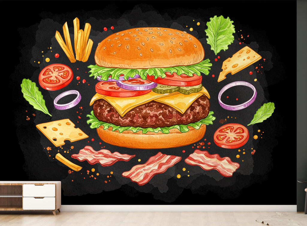 Burger Wallpaper Peel and stick Wall Mural Food Illustrations, Kitchen Decor Fabric Restaurant Mural 992RS