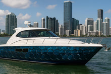 Load image into Gallery viewer, Blue Hex Boat Wrap – Geometric 3D Marine Vinyl Wrap | Modern Yacht Graphic with Metallic Honeycomb Pattern | Custom Boat Side Decal