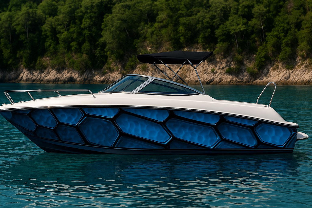Blue Hex Boat Wrap – Modern Geometric Marine Vinyl | 3D Honeycomb Texture for Sport Boats, Center Consoles, and Fishing Boats
