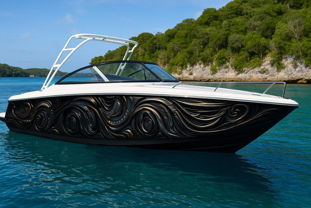 Black Lava Boat Wrap – Glossy 3D Swirl Marine Vinyl | Luxury Metallic Wave Texture for Sport Boats, Cruisers & Yachts