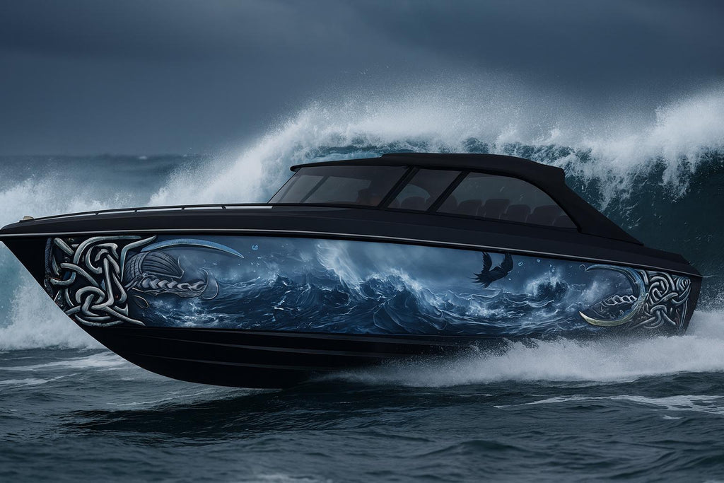 Viking Storm Boat Wrap – Norse Ocean Warrior Vinyl Wrap – Mythic Marine Design With Runes And Waves – Custom Glossy Marine Vinyl Wrap