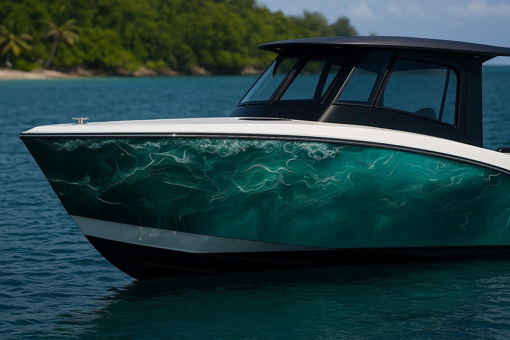 Emerald Wave Boat Wrap – Teal Marble Ocean Vinyl | Custom Marine-Grade Wrap for Yachts, Sport Boats & Fishing Cruisers | Sea-Inspired Design