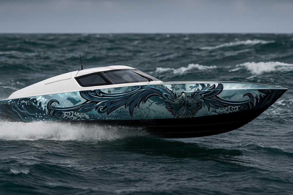 Dark Ocean Reaper Boat Wrap – Full-Color Marine Vinyl Graphic for Speedboats, Cigar Boats & Fishing Boats | Custom Size Waterproof Boat