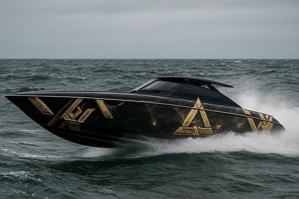 Luxury Black And Gold Boat Wrap – Custom Geometric Marine Vinyl Graphic For Cigar Boats, Speedboats & Offshore Racing Boats | Premium Boat
