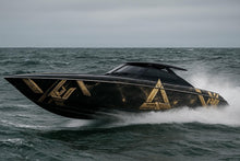 Load image into Gallery viewer, Luxury Black And Gold Boat Wrap – Custom Geometric Marine Vinyl Graphic For Cigar Boats, Speedboats &amp; Offshore Racing Boats | Premium Boat