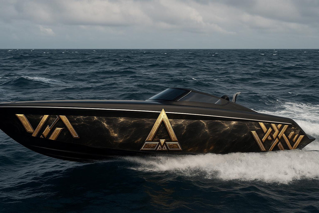 Luxury Black And Gold Boat Wrap – Custom Geometric Marine Vinyl Graphic For Cigar Boats, Speedboats & Offshore Racing Boats | Premium Boat