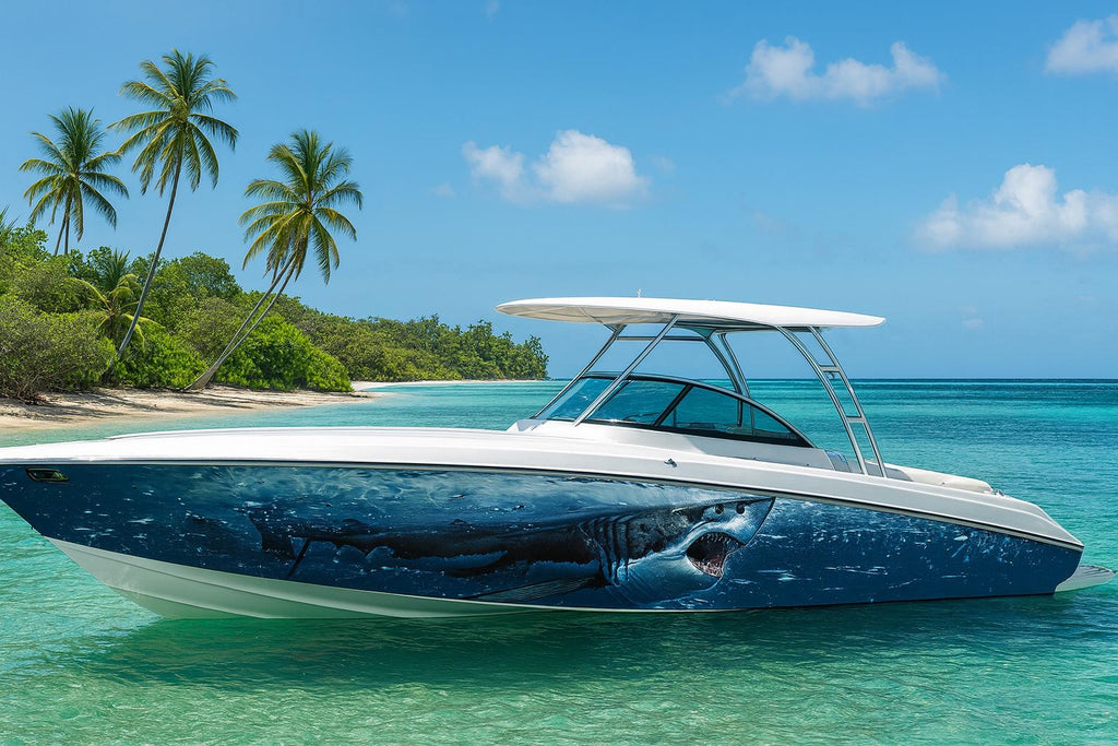 Great White Shark Boat Wrap – Full-Color Marine Vinyl Design for Sport Boats, Cigar Boats & Offshore Racers | Realistic Ocean Predator Boat