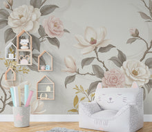 Load image into Gallery viewer, Elegant Magnolia Tree Wall Mural – Hand-Painted Watercolor Blossoms in Blush Pink &amp; White | Romantic Floral Wallpaper 993RS