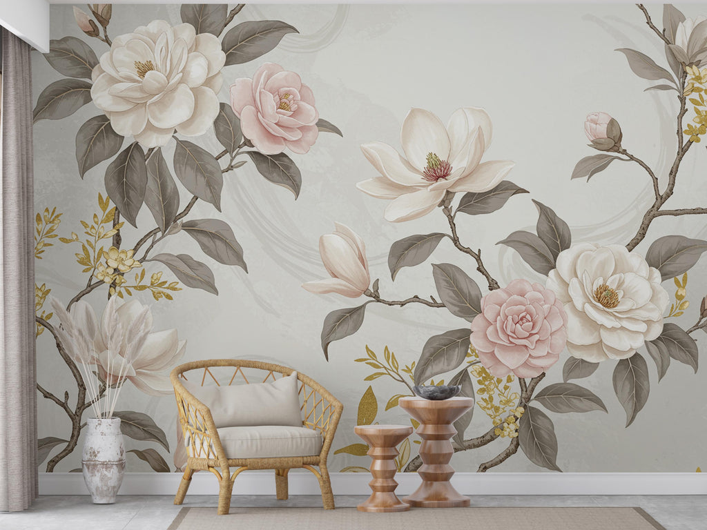 Elegant Magnolia Tree Wall Mural – Hand-Painted Watercolor Blossoms in Blush Pink & White | Romantic Floral Wallpaper 993RS