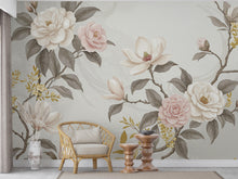 Load image into Gallery viewer, Elegant Magnolia Tree Wall Mural – Hand-Painted Watercolor Blossoms in Blush Pink &amp; White | Romantic Floral Wallpaper 993RS