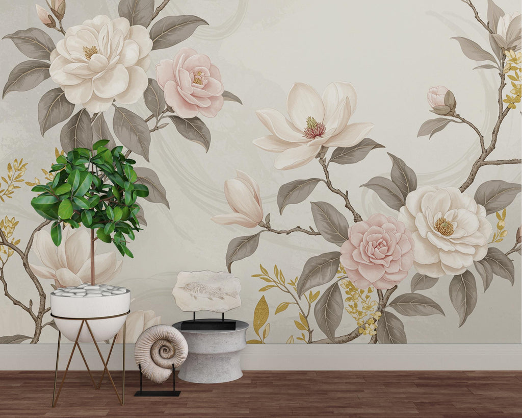 Elegant Magnolia Tree Wall Mural – Hand-Painted Watercolor Blossoms in Blush Pink & White | Romantic Floral Wallpaper 993RS