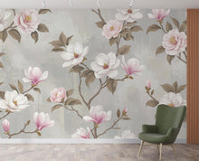 Load image into Gallery viewer, Elegant Magnolia Tree Wall Mural – Hand-Painted Watercolor Blossoms in Blush Pink &amp; White | Romantic Floral Wallpaper 994RS