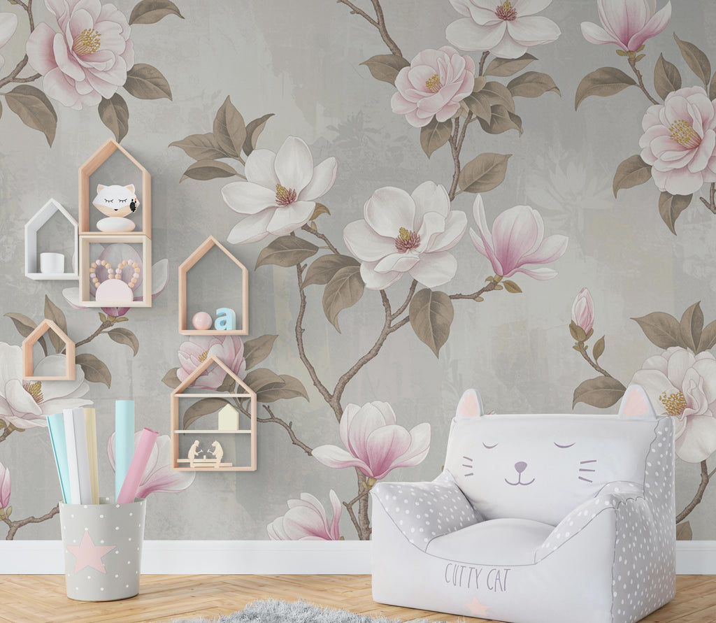 Elegant Magnolia Tree Wall Mural – Hand-Painted Watercolor Blossoms in Blush Pink & White | Romantic Floral Wallpaper 994RS