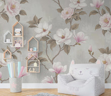 Load image into Gallery viewer, Elegant Magnolia Tree Wall Mural – Hand-Painted Watercolor Blossoms in Blush Pink &amp; White | Romantic Floral Wallpaper 994RS