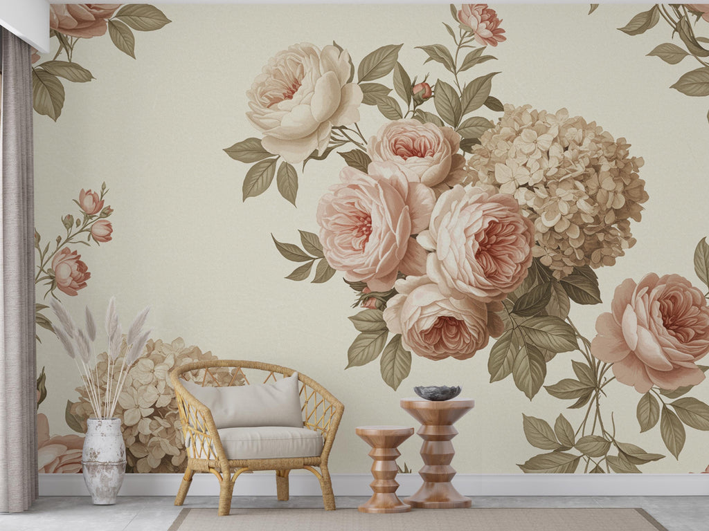 Vintage Floral Wallpaper – Large Peony & Rose Mural Dusty Pink Beige | Romantic Botanical Wall Art, Antique 19th Century Style Decor 996RS