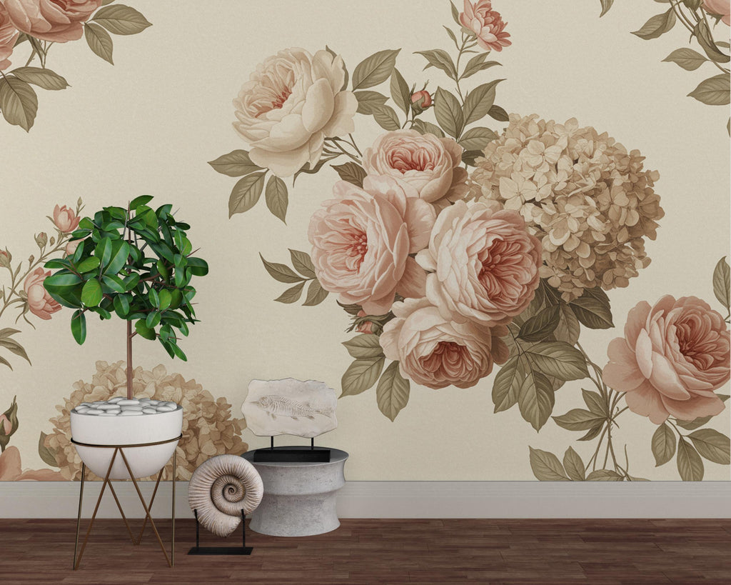 Vintage Floral Wallpaper – Large Peony & Rose Mural Dusty Pink Beige | Romantic Botanical Wall Art, Antique 19th Century Style Decor 996RS