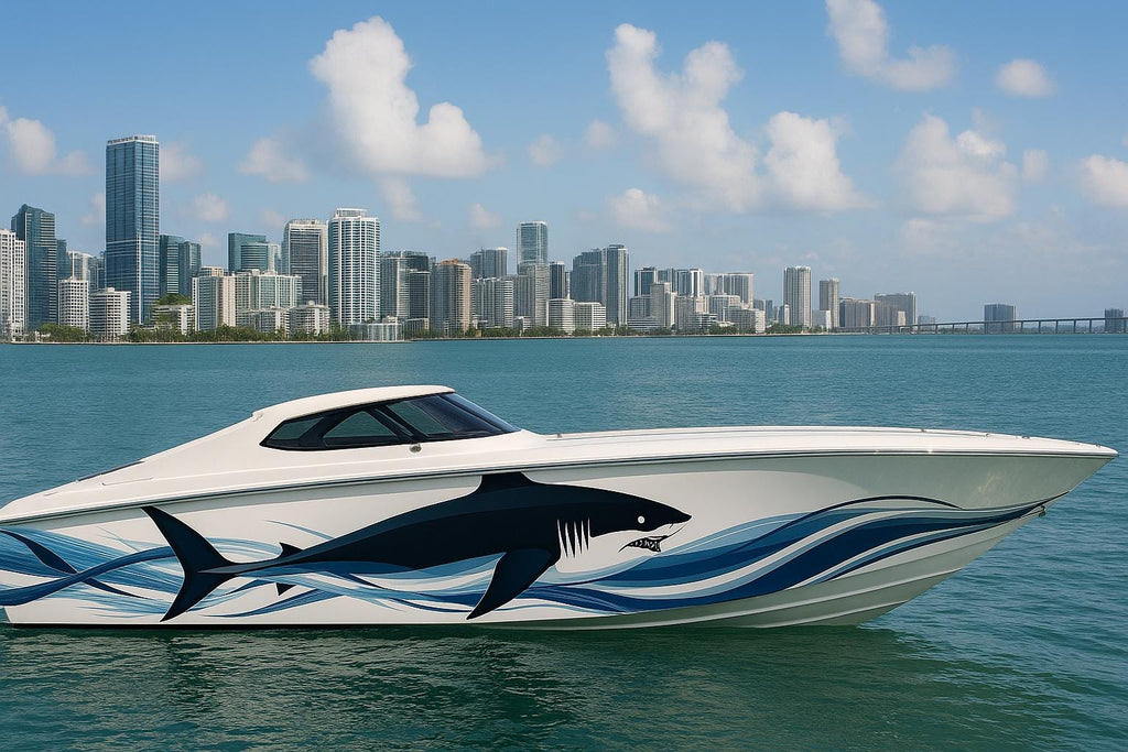 Stylized Shark Boat Wrap – Custom Marine Vinyl Design for Sport Boats, Fishing Boats & Cigar Boats | Ocean Predator Boat Wrap