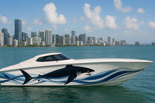 Load image into Gallery viewer, Stylized Shark Boat Wrap – Custom Marine Vinyl Design for Sport Boats, Fishing Boats &amp; Cigar Boats | Ocean Predator Boat Wrap