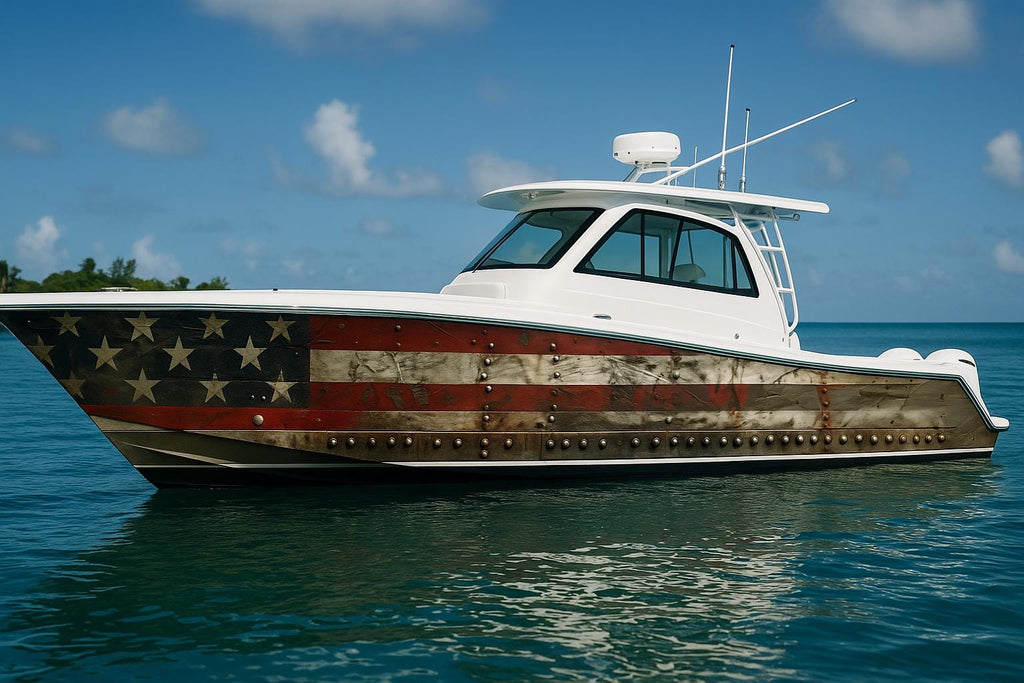 Patriotic American Flag Boat Wrap – Distressed Wood USA Vinyl | Marine-Grade Wrap for Yachts, Fishing Boats & Offshore Cruisers