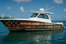 Load image into Gallery viewer, Patriotic American Flag Boat Wrap – Distressed Wood USA Vinyl | Marine-Grade Wrap for Yachts, Fishing Boats &amp; Offshore Cruisers