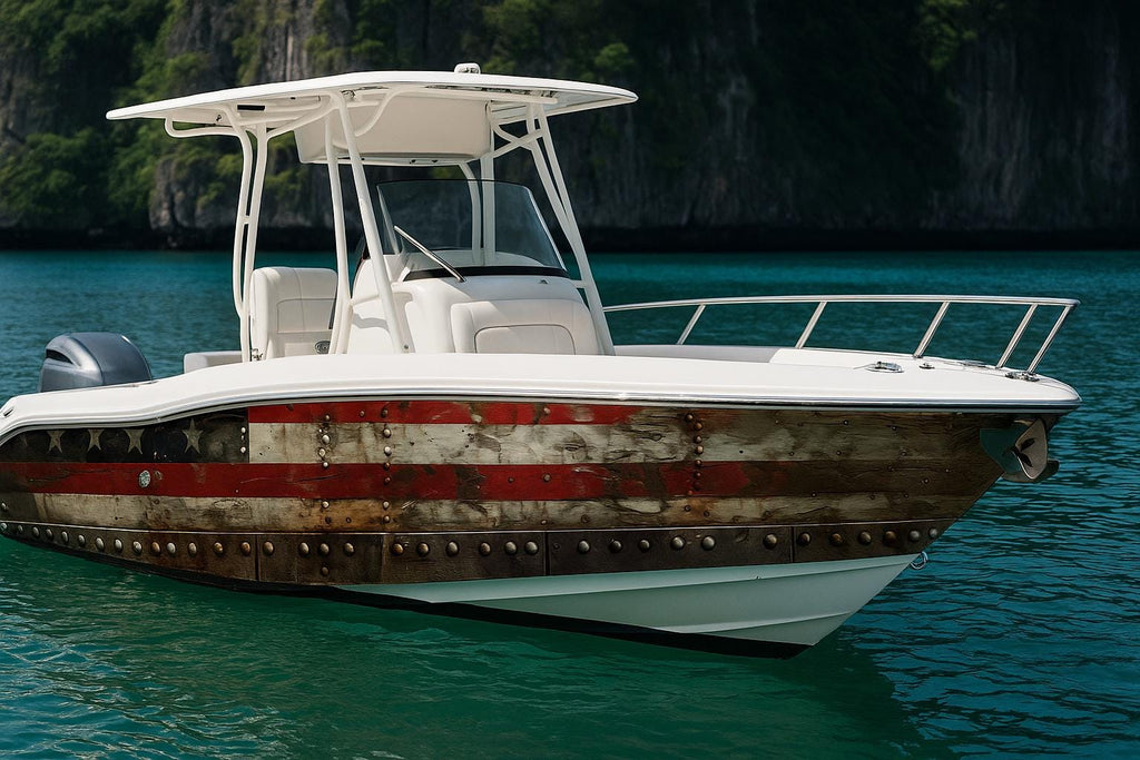 Patriotic American Flag Boat Wrap – Distressed Wood USA Vinyl | Marine-Grade Wrap for Yachts, Fishing Boats & Offshore Cruisers