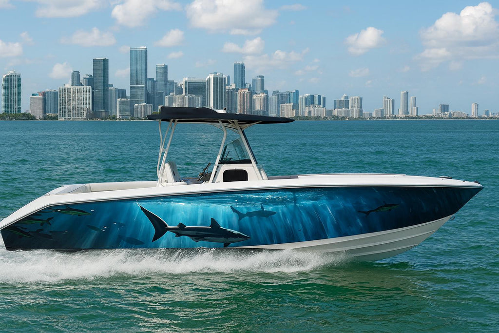 Deep Blue Shark Boat Wrap – Realistic Marine Vinyl Design for Sport Boats, Cigar Boats & Offshore Racers | Custom Ocean Predator Boat Wrap