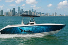 Load image into Gallery viewer, Deep Blue Shark Boat Wrap – Realistic Marine Vinyl Design for Sport Boats, Cigar Boats &amp; Offshore Racers | Custom Ocean Predator Boat Wrap