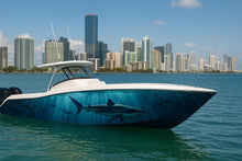 Load image into Gallery viewer, Deep Blue Shark Boat Wrap – Realistic Marine Vinyl Design for Sport Boats, Cigar Boats &amp; Offshore Racers | Custom Ocean Predator Boat Wrap