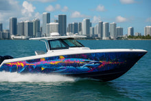 Load image into Gallery viewer, Neon Shark Boat Wrap – Vibrant Full-Color Marine Vinyl Design for Sport Boats, Cigar Boats &amp; Offshore Racers | Custom Ocean Predator
