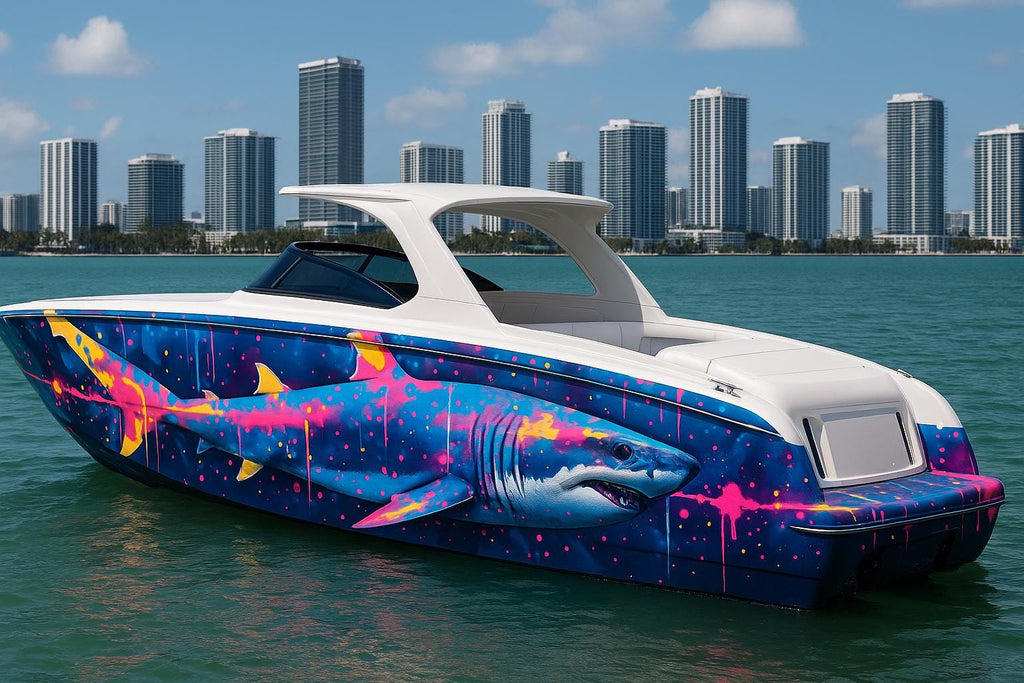 Neon Shark Boat Wrap – Vibrant Full-Color Marine Vinyl Design for Sport Boats, Cigar Boats & Offshore Racers | Custom Ocean Predator