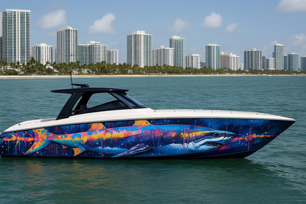 Neon Shark Boat Wrap – Vibrant Full-Color Marine Vinyl Design for Sport Boats, Cigar Boats & Offshore Racers | Custom Ocean Predator