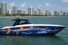 Load image into Gallery viewer, Neon Shark Boat Wrap – Vibrant Full-Color Marine Vinyl Design for Sport Boats, Cigar Boats &amp; Offshore Racers | Custom Ocean Predator