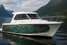 Load image into Gallery viewer, Viking Bronze Boat Wrap – Patina Nordic Marine Vinyl | Metallic Carved Viking Design for Yachts, Sport Boats &amp; Custom Marine Wraps