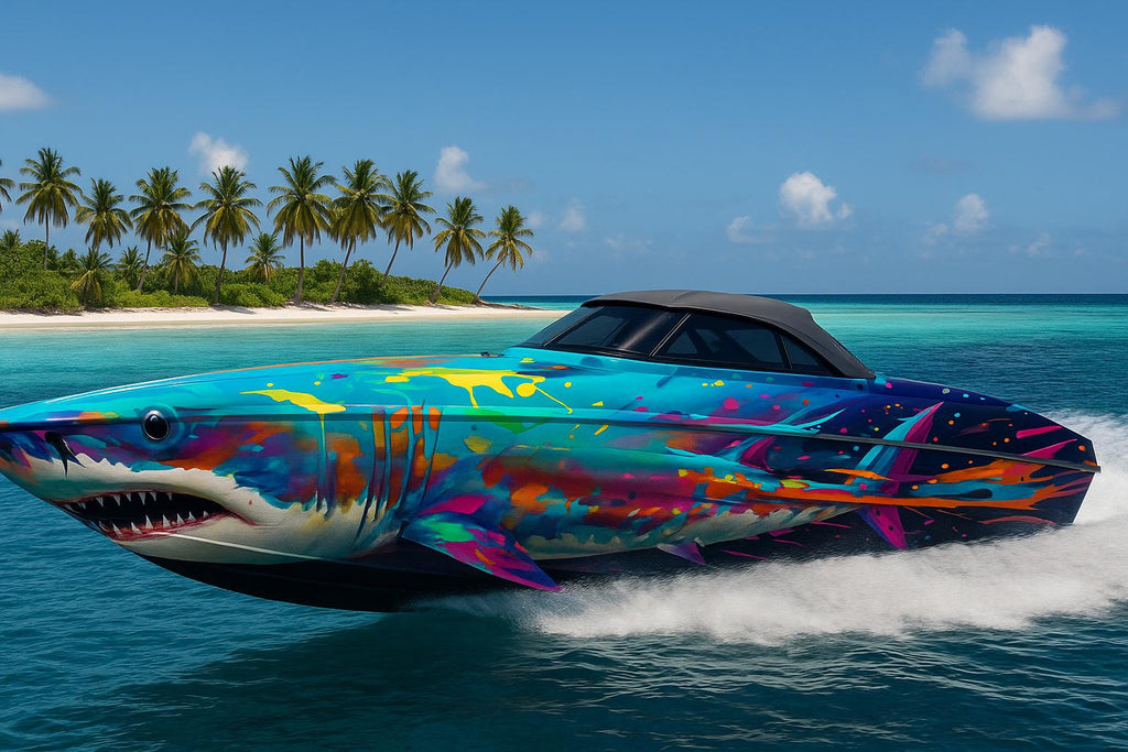 Abstract Rainbow Shark Boat Wrap – Vibrant Custom Marine Vinyl Design for Sport Boats, Cigar Boats & Offshore Racers | Colorful Shark Boat