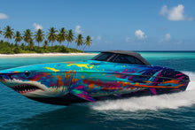 Load image into Gallery viewer, Abstract Rainbow Shark Boat Wrap – Vibrant Custom Marine Vinyl Design for Sport Boats, Cigar Boats &amp; Offshore Racers | Colorful Shark Boat