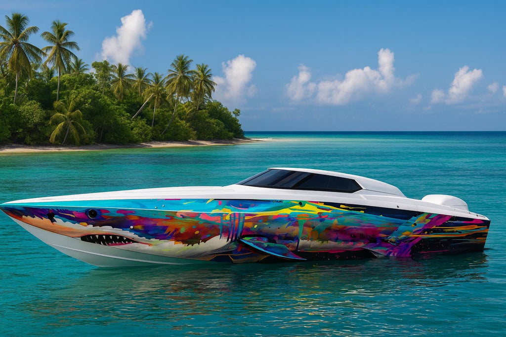 Abstract Rainbow Shark Boat Wrap – Vibrant Custom Marine Vinyl Design for Sport Boats, Cigar Boats & Offshore Racers | Colorful Shark Boat