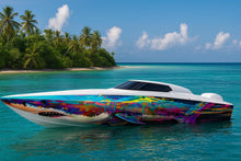 Load image into Gallery viewer, Abstract Rainbow Shark Boat Wrap – Vibrant Custom Marine Vinyl Design for Sport Boats, Cigar Boats &amp; Offshore Racers | Colorful Shark Boat