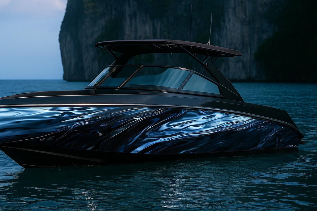 Midnight Liquid Metal Boat Wrap – Glossy Black Chrome Marine Vinyl | Luxury Yacht & Sport Boat Wrap | Reflective Metallic Wave Design