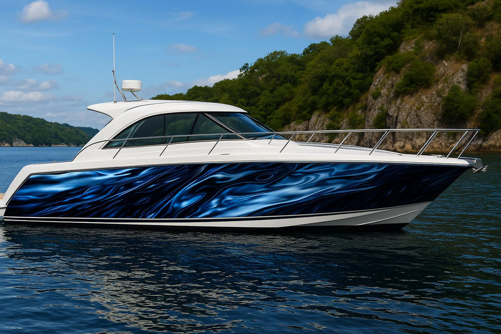 Midnight Liquid Metal Boat Wrap – Glossy Black Chrome Marine Vinyl | Luxury Yacht & Sport Boat Wrap | Reflective Metallic Wave Design