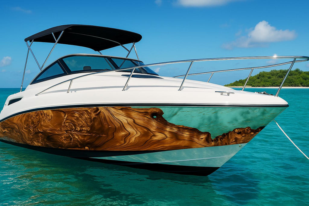 Teal Resin Wood Grain Boat Wrap – Aqua Burlwood Marine Vinyl | Luxury Yacht & Sport Boat Wrap | Ocean Driftwood Resin Epoxy Design