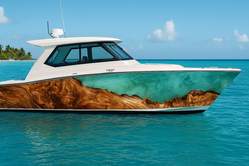 Teal Resin Wood Grain Boat Wrap – Aqua Burlwood Marine Vinyl | Luxury Yacht & Sport Boat Wrap | Ocean Driftwood Resin Epoxy Design