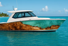 Load image into Gallery viewer, Teal Resin Wood Grain Boat Wrap – Aqua Burlwood Marine Vinyl | Luxury Yacht &amp; Sport Boat Wrap | Ocean Driftwood Resin Epoxy Design