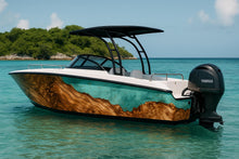 Load image into Gallery viewer, Teal Resin Wood Grain Boat Wrap – Aqua Burlwood Marine Vinyl | Luxury Yacht &amp; Sport Boat Wrap | Ocean Driftwood Resin Epoxy Design