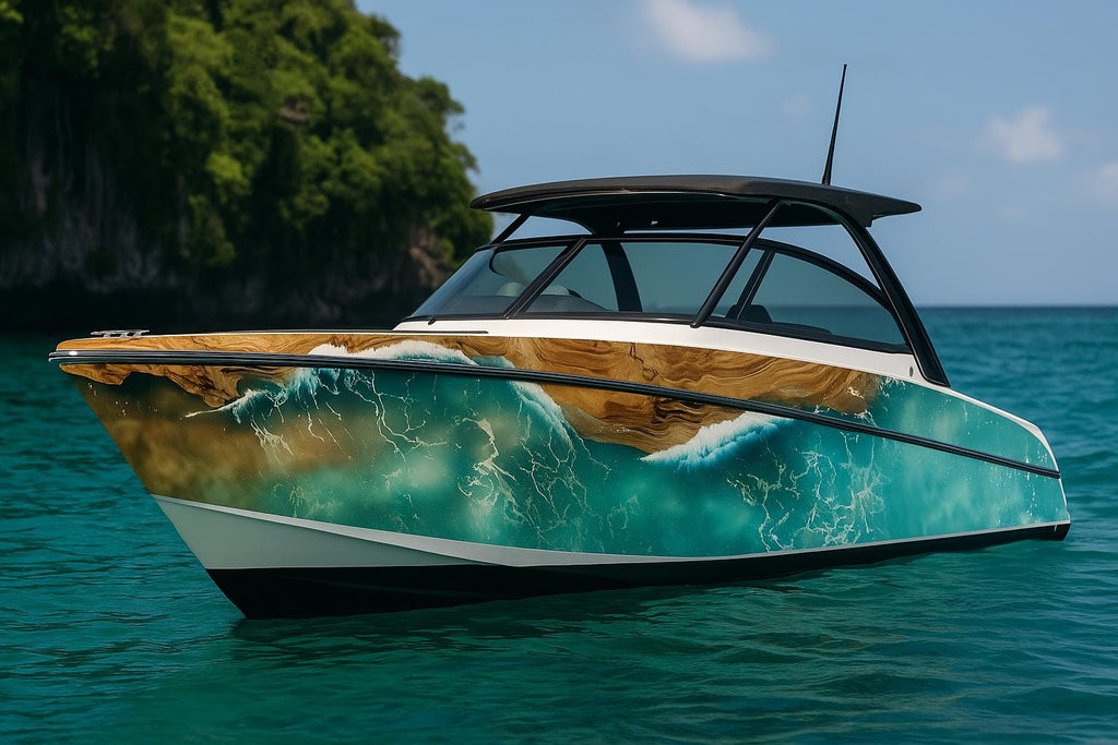 Ocean Drift Resin Boat Wrap – Aqua Wave & Wood Grain Marine Vinyl | Luxury Yacht And Sport Boat Wrap | Teal Resin Water Flow Design